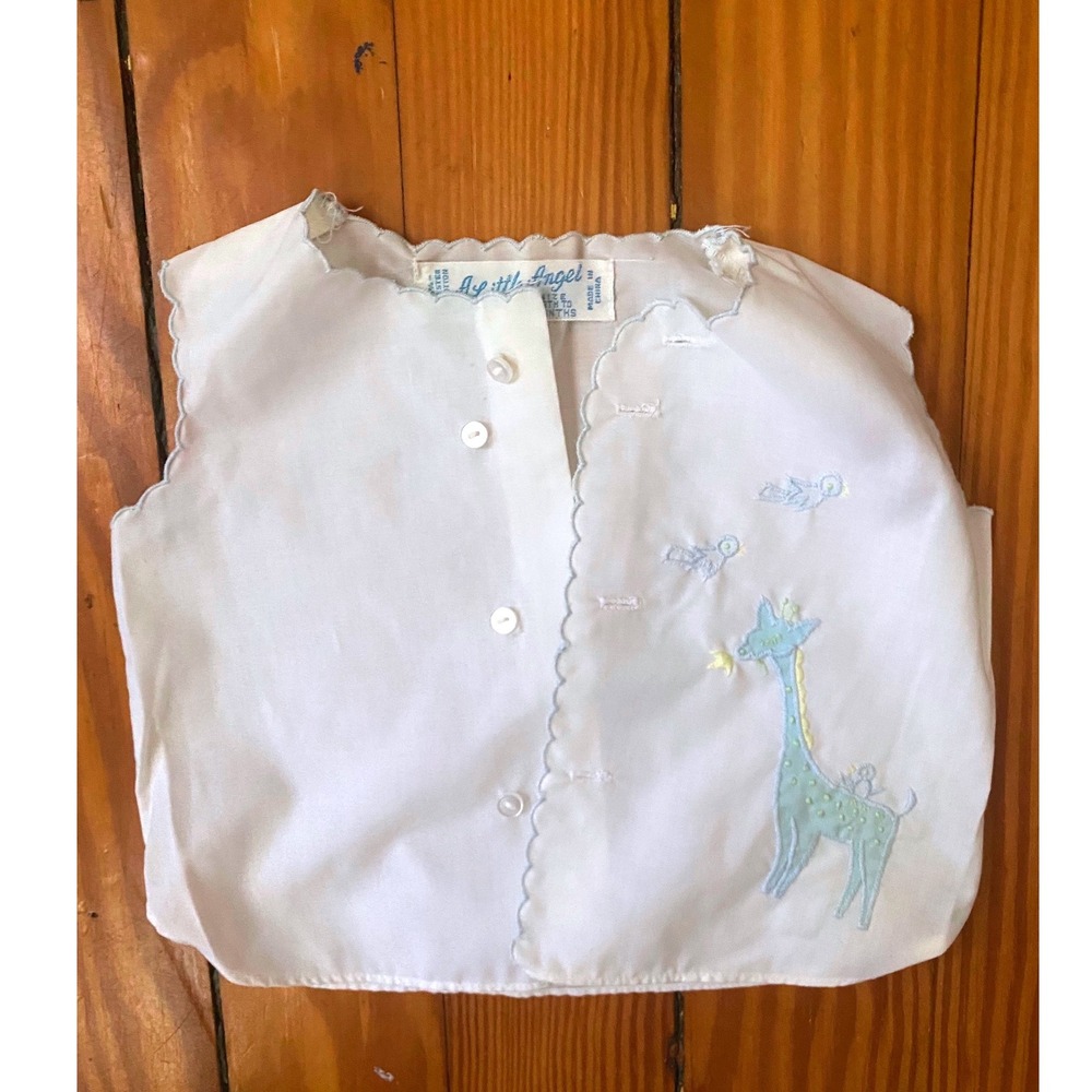 VTG 80's A Little Angel  Baby Vest White Giraffe Embroidered Scalloped Trim 3M